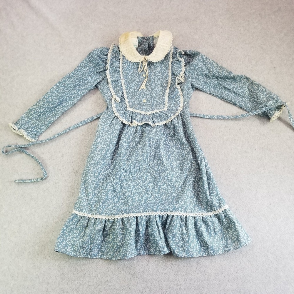 VTG Sears Dress Girls Size Seven Blue Prairie Cottagecore Floral Lace USA 70s